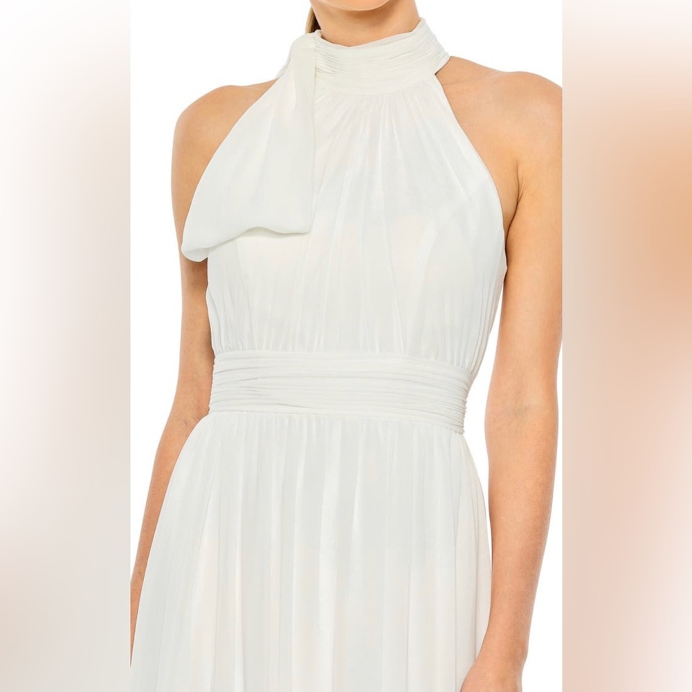 Ieena for Mac Duggal Greek Goddess High Neck Ruched Chiffon A Line Gown in White - Picture 3 of 5